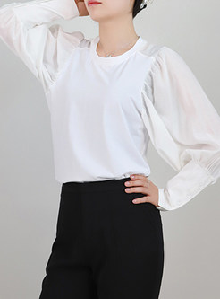 Solid Puff Sleeve Crew Neck Casual T Shirt Top