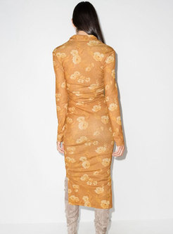Long Sleeve Printed Slim Midi Dress