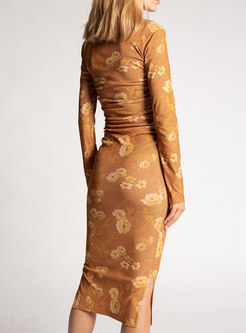 Long Sleeve Printed Slim Midi Dress