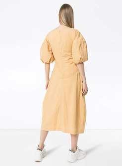 Causl Puff Sleeve Summer Linen Dress