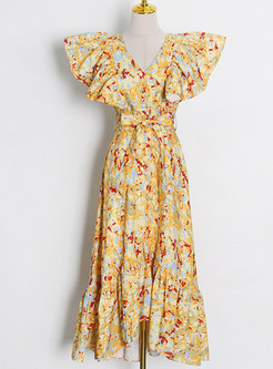 Vintage Deep V-neck Floral Maxi Dress
