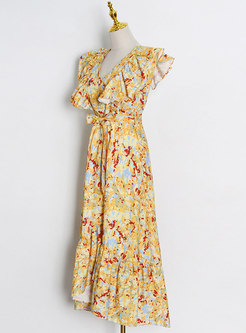 Vintage Deep V-neck Floral Maxi Dress