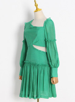 Vintage Irregular Collar Green Mini Dress