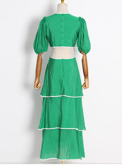 Vintage Puff Sleeve Green Cake Maxi Dress
