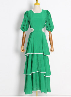 Vintage Puff Sleeve Green Cake Maxi Dress