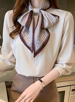 Women's Bow Tie Neck Long Sleeve Chiffon Top Blouse