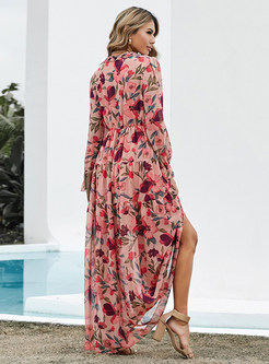 Spring Summer Sexy V-Neck Long Sleeve Short Sleeve Floral Print A Line Maxi Dress