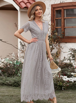 V-Neck Floral Lace Bridesmaid Evening Party Maxi Dress