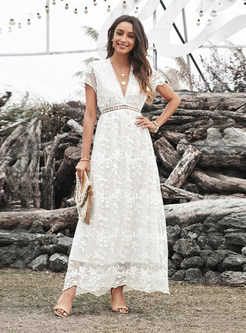 Maxi Floral Lace Dress Long White Cocktail Party Dresses
