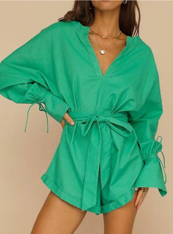 Summer Short Sleeve Belted Jumpsuits Rompers