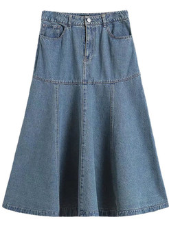 Casual Stretch Waist Washed Denim Ruffle Skirts Long Jean Skirt