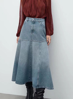 Casual Stretch Waist Washed Denim Ruffle Skirts Long Jean Skirt
