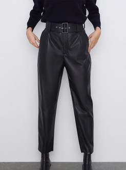Faux Leather Pants Elastic Waist Casual Trousers