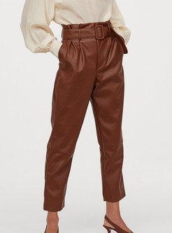 Faux Leather Pants Elastic Waist Casual Trousers