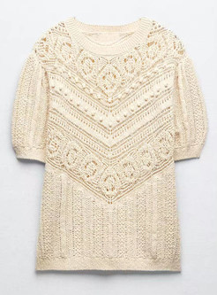 Summer Knit Crochet Short Sleeve Crewneck Knit Pullover Jumper Tops
