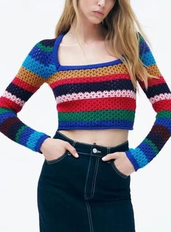 Cropped Knitwear Long Sleeve Striped Pullover Sweater