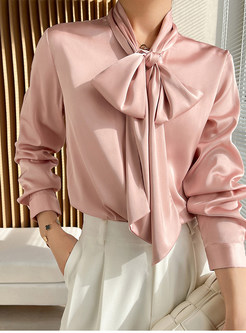 Bow Tie Long Sleeve Blouse Shirts Office Tops
