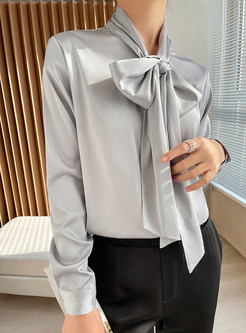Bow Tie Long Sleeve Blouse Shirts Office Tops