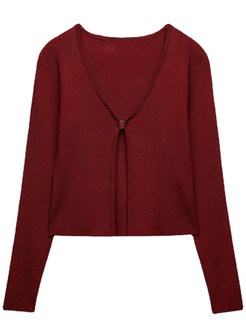 Long Sleeve Cropped Cardigan V Neck Solid Button Down Knit
