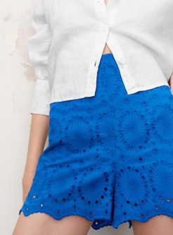 Summer Cutout Embroidered High Waist Straight Shorts
