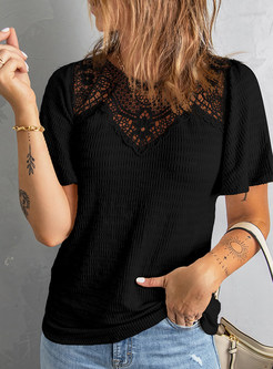 Crochet Lace Basic V-Neck T-Shirts Short Sleeve