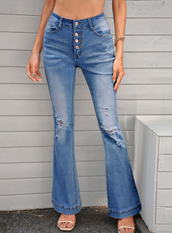 Ripped Flare Jeans Mid Rise Fitted Denim Pant