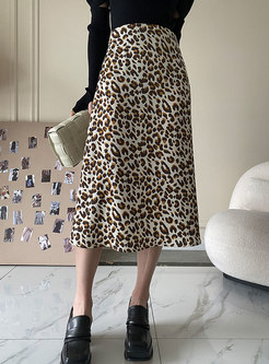 Women High Waist Leopard Slim Midi Skirt