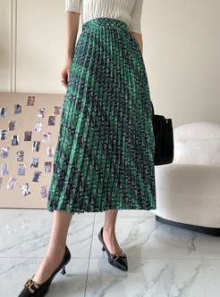 Summer High Waist A-line Pleated Midi Skirt