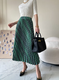 Summer High Waist A-line Pleated Midi Skirt