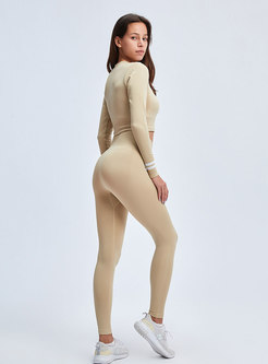 Women Exercise Outfit 2 Piece Seamless High Waist Leggings Long Sleeve Crop Top Yoga Set