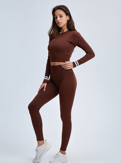 Women Exercise Outfit 2 Piece Seamless High Waist Leggings Long Sleeve Crop Top Yoga Set
