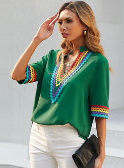 Embroidered Tops Short Sleeve Bohemian V-Neck Loose Blouses