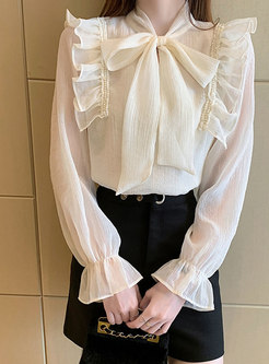 Women's Elegant Bow Tie Neck Fungus Side Shirt Blouse