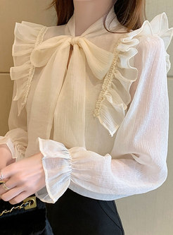 Women's Elegant Bow Tie Neck Fungus Side Shirt Blouse