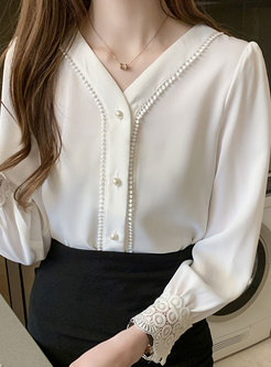 Women's V-Neck Long Sleeve Casual Chiffon Shirt