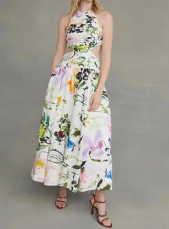 Sleeveless Hollow Out Vintage Floral Print Maxi Dress