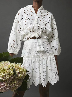 Embroidered Blouse Top and Flared Short Skirt 