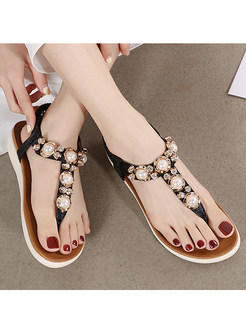 Women's Sandals Bohemia Summer Beach Flats Beaded Ankle Strappy Sandal Dress Shoes
