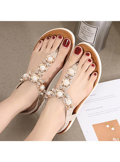 Women's Sandals Bohemia Summer Beach Flats Beaded Ankle Strappy Sandal Dress Shoes