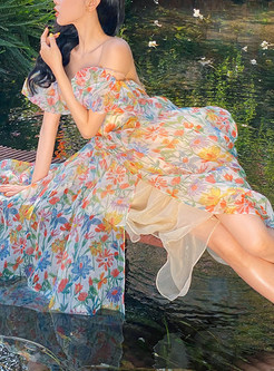 Off Shoulder Floral Printed Elegant Long Dress