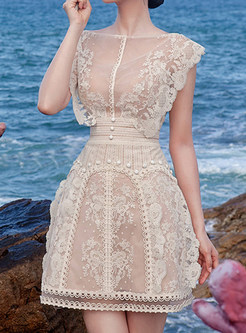 Retro Floral Lace Bridesmaid Cocktail A-Line Dress