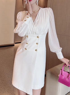 V-Neck Long Sleeve Ruched Bodycon Dress