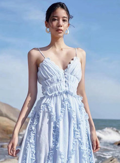 Halter Neck Deep V Asymmetrical Lace Maxi Dress