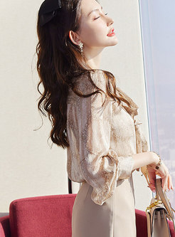 Floral Printed Long Sleeve Bow Knot Collar Chiffon Blouse