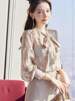 Floral Printed Long Sleeve Bow Knot Collar Chiffon Blouse