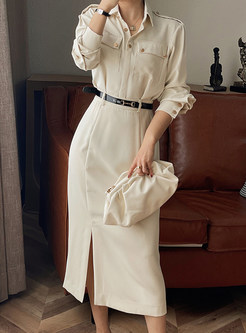 Elegant Lapel Solid Slim Shirt Dress