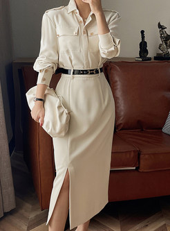 Elegant Lapel Solid Slim Shirt Dress