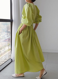 Puff Sleeve Loose Elegant Long Dress with Pockets