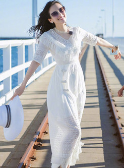 Bohemian Lace Splicing White Maxi Dress