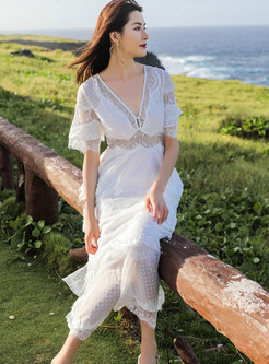 V-Neck White Lace Maxi Beach Dresses
